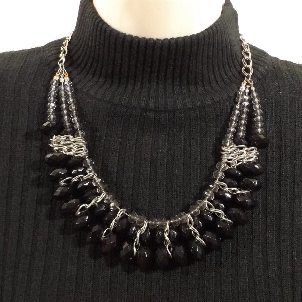 Black Bead Statement Bib Necklace